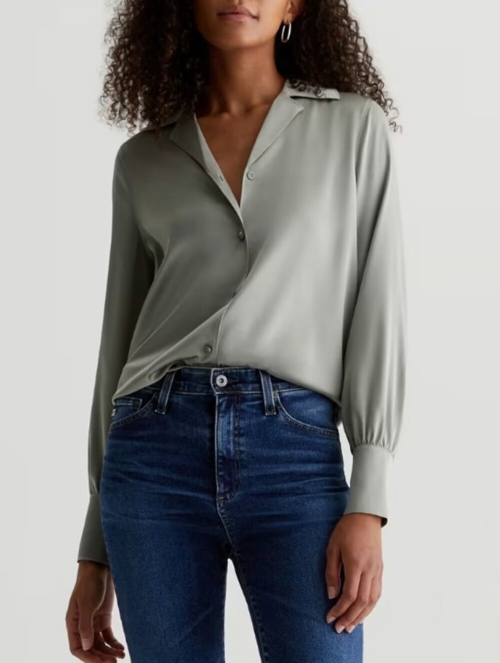 AG Valerie Notched Collar Long Sleeve Button Down Silk Blouse Sage Green L